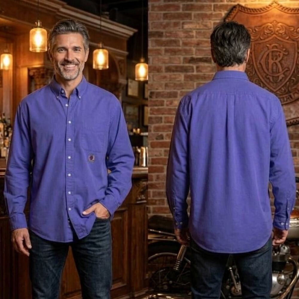 Vintage Tommy Hilfiger Blue Oxford Shirt Men XL 17 36-37 Crest Logo Button Down